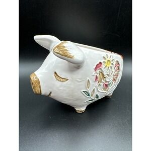 Vintage Napcoware Happy Piggy Planter with Rooster Design Succulent Kitsch White
